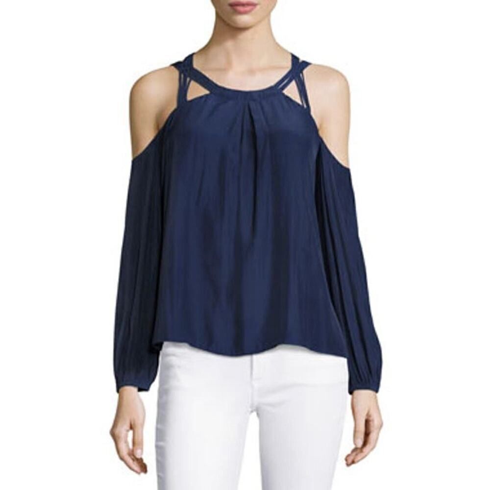 RAMY BROOK Women's Alana Beaded Cold-Shoulder Long Sleeve Blouse Blue Medium